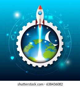 Start up business concept.Rocket ship launch with technology abstract background.Vector illustration.
