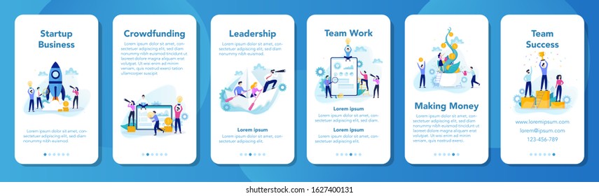 Start up and business development mobile application banner. Business people working for success. Leadership and team work. Creative mind and innovation. Isolated flat illustration