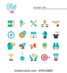 Start up negócio, empreendedorismo e muito mais, conjunto de ícones de linha fina, ilustração vetorial