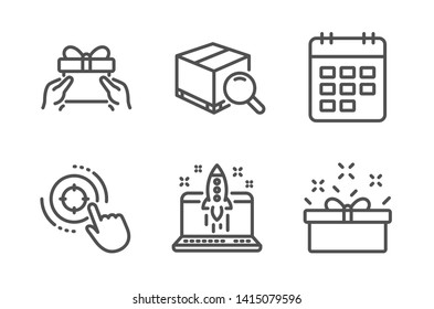 Start business, Give present and Calendar icons simple set. Search package, Seo target and Present box signs. Launch idea, Receive a gift. Business set. Line start business icon. Editable stroke