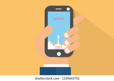 Start up business with hand control rocket and business teamwork concept.