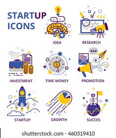 Start up business icon set isolated on white background.Suitable for info graphics, websites and banners. Vector illustrations, flat line design, creative concepts of startup, business.