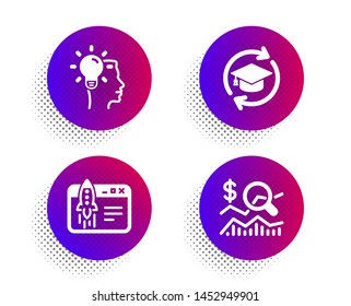 Start business, Idea and Continuing education icons simple set. Halftone dots button. Check investment sign. Launch idea, Professional job, Online education. Business report. Education set. Vector