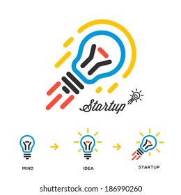 Start Up Business And Innovation Concept Network, Bulb-rocket, Vector Image. 