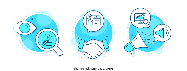 Start business, Innovation and Recovery cloud line icons set. Handshake deal, research and promotion complex icons. Loud sound sign. Launch idea, Crowdfunding, Backup info. Music. Vector