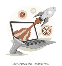 Start up business launch campaign. Start up business, concept of launching a new business with a rocket emerging from a laptop. Flat vector modern illustration 