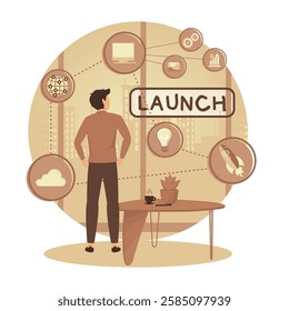 Start up business launch campaign. Start up business, concept of launching a new business with a rocket emerging from a laptop. Flat vector modern illustration 