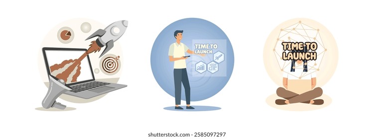 Start up business launch campaign. Writing displaying text Time To Launch, planning and strategy, management. Woman, working on a laptop with a Time to Launch message. 