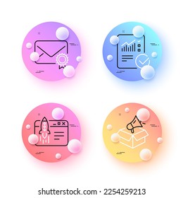 Start business, Megaphone box and Checked calculation minimal line icons. 3d spheres or balls buttons. Verified mail icons. For web, application, printing. Vector