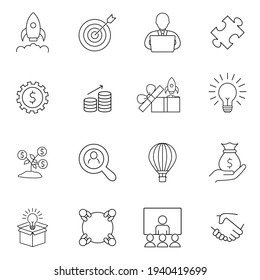 Iniciar el inicio del paquete de iconos del conjunto de vectores de línea de línea de línea de líneas de negocio. Firma para página web, aplicación móvil, botón, logotipo.