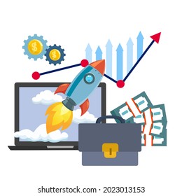 Start-up Business-Plan, Rakete auf Laptop-Bildschirm Symbol der Start unter Wolken mit Elementen Geld, Business-Tasche, wachsenden Graph und Spalte Graph, Gold-Münzen auf cog