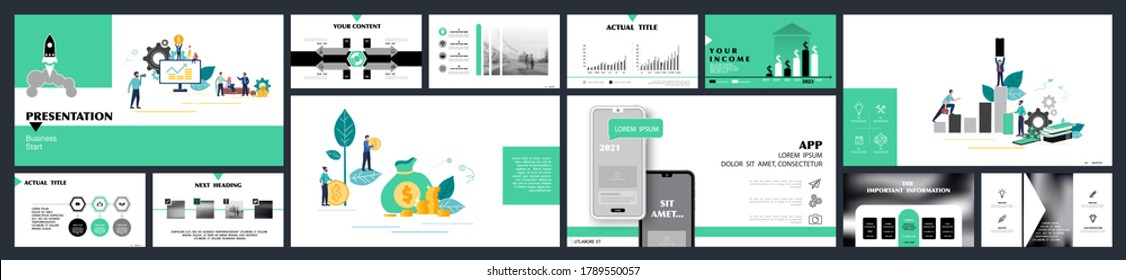 Start a business. Business presentation, design template of green infographic elements, background. A team of people creates new technologies. Financial teamwork in the city. Use in flyers, marketing