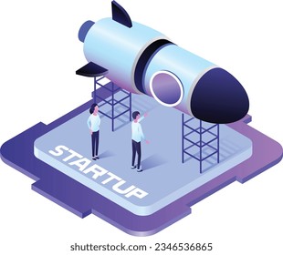 start up business project  concept vector illustration with rocket and people