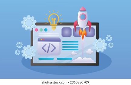start a business project with rocket and tablet.on blue background.Vector Design Illustration.