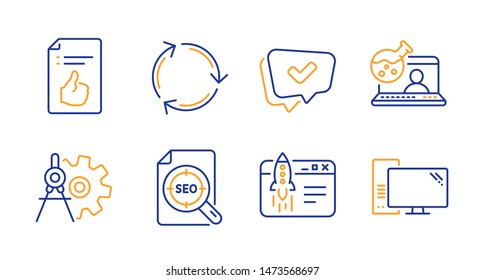 Start business, Recycling and Online chemistry line icons set. Seo file, Approved document and Approved signs. Cogwheel dividers, Computer symbols. Launch idea, Reduce waste. Technology set. Vector