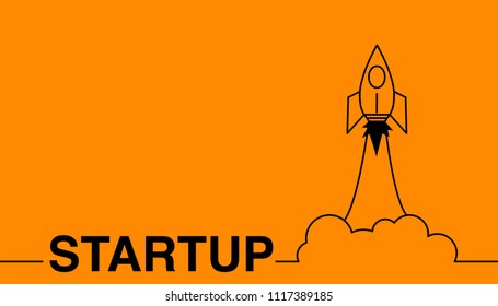 a start up business rocket launch line vector design on orange background, creative idea and start-up concept symbol