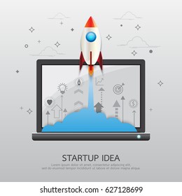 Start Up Business Strategy Concept.Rocket From Laptop Style In Flat Line And Paper Art Design.Vector Illustration.