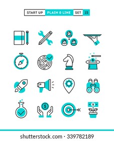 Start up business, strategy, marketing, finance and more. Plain and line icons set, flat design, vector illustration