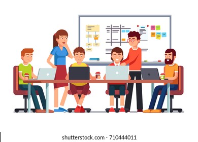 Start up business team working on laptop computers and talking together. Strategy planning meeting at big conference desk in board room. Flat style vector illustration isolated on white background.