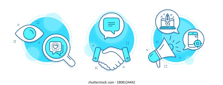 Start business, Text message and Seo phone line icons set. Handshake deal, research and promotion complex icons. Friends chat sign. Launch idea, Chat bubble, Smartphone optimization. Vector
