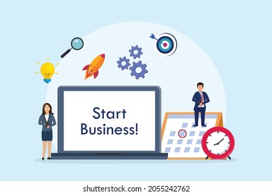 Start business vector concept. Businessman and businesswoman working together near the mobile phone screen with start business text
