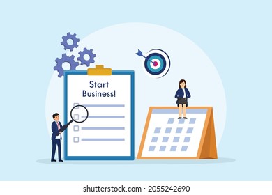 Start business vector concept. Two business people looking at list of start business on the clipboard with dartboard and calendar background
