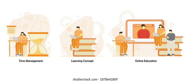 Start Up Business Work Activity Graphic Set. Time Management Concept, Learning Concept, Online Education Concept Vector Illustration Design Flat