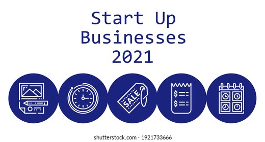inicio de negocios concepto de fondo 2021 con start up business iconos 2021. Supermercado de iconos, calendario, planificación, reloj de pared, factura