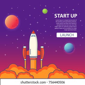 Start up of business.Start of a space rocket in flight. A concept of design of a banner for the websites,mobile applications.Spacecraft launch flies in space among planets. Travel to other worlds