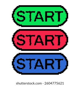 Start button for arcade, box with pixelated text. Pixel art, 8 bit retro graphics, old game design. Vector in flat style