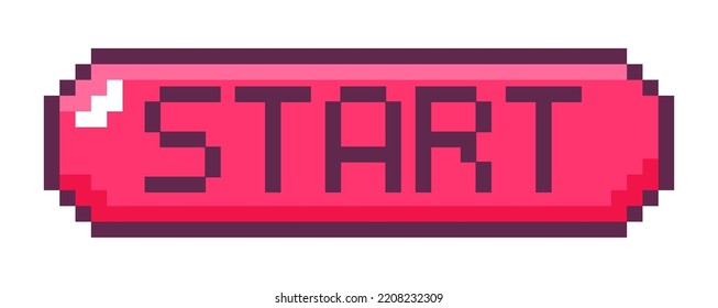 Start button for arcades, box with pixelated text. Level beginning, tile with copy space, playing interface elements. Pixel art, 8 bit retro graphics, old games designs. Vector in flat style
