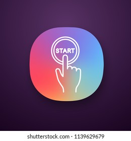 Start button click app icon. Launch. Hand pushing button. UI/UX user interface. Web or mobile applications. Vector isolated illustration