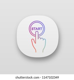 Start button click app icon. Launch. Hand pushing button. UI/UX user interface. Web or mobile application. Vector isolated illustration