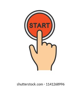 Start button click color icon. Launch. Hand pushing button. Isolated vector illustration