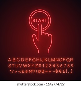 Start button click neon light icon. Launch. Hand pushing button. Glowing sign with alphabet, numbers and symbols. Vector isolated illustration