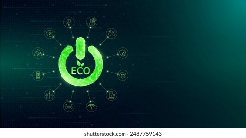 Start Button ECO Ecology grünes Neonlicht. Alternative saubere Energie. Icon des Ladegeräts für Elektroautos umrandet. Umwelt Natur Energie Technologie Konzept. Leerer Platz für Text. Vektorgrafik EPS10.