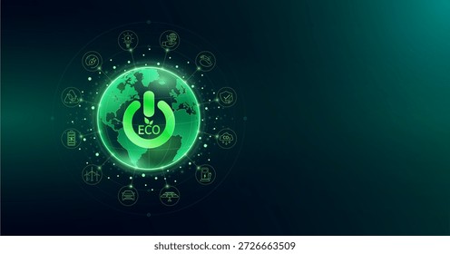 Botão Iniciar ECO Ecologia luz verde neon em mundo transparente. Energia limpa alternativa. Carro elétrico carregador de bateria ícones surround. Conceito de tecnologia ambiental. Espaço vazio para texto. Vetor.