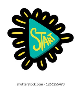 Start button flat color illustration. Play, click, push. Pressbutton hand drawn design element