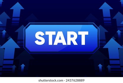 Start button floating in space. Level UP. Futuristic screen blue background. Arrows can be turn into motion graphics. Vector illustration.