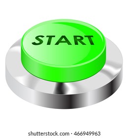 Start button. Green push icon with chrome frame. Vector illustration isolated on white background
