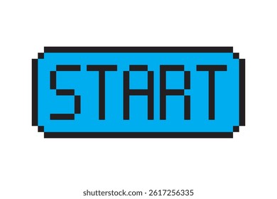 Start button icon. Pixel art label. Blue retro rectangle. Vector gaming shape.