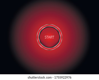 Start button in a metal chain. Suitable for both games and apps. The background is a radial gradient. Color red, black, white.