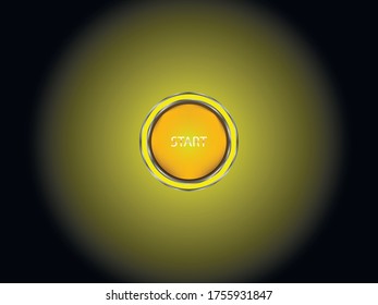 Start-Taste in einer Metallkette. Geeignet für Spiele und Apps. Der Hintergrund ist ein radialer Farbverlauf. Farbgelb, schwarz, weiß.
