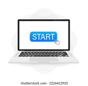 Start button on a laptop with a cursor. Vector illustration