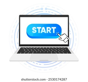 Start button on screen device. Level UP. Futuristic screen blue background. Arrows can be turn into motion graphics. Vector illustration.