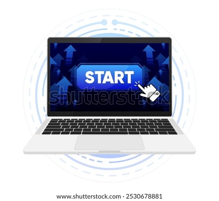 Start button on screen device. Level UP. Futuristic screen blue background. Arrows can be turn into motion graphics. Vector illustration.