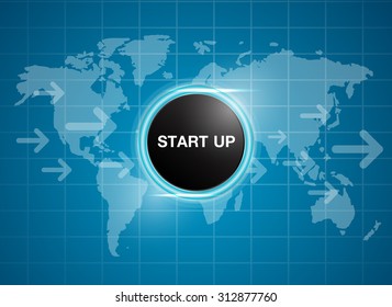 start up button on world map background business concept