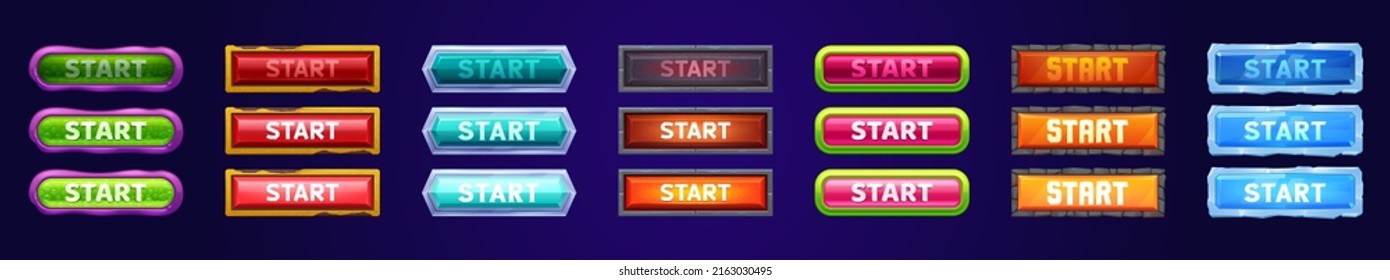 Start buttons with different textures for game menu interface. Vector cartoon set of active, normal and hover buttons with frame from rusty iron, ice, jelly with bubbles, metal and stone bricks