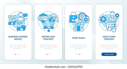 Start with CIAM blue onboarding mobile app screen. Optimize business walkthrough 4 steps editable graphic instructions with linear concepts. UI, UX, GUI template. Myriad Pro-Bold, Regular fonts used