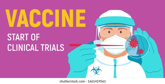 Start Of Clinical Trails Of Vaccine. Virologist Show Petri Dish With Virus. Hope That The Coronavirus Can Be Defeated. Vector Illustration Man In White Overall On Purple Background. 